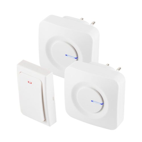 HOME DBKS1001AC vezeték és elem nélküli csengő készlet, 1x nyomógomb + 2x csengő, 100m hatótáv, 36 dallam, szabályozható hangerő, IP44, fényjelzés, kinetikus nyomógomb
