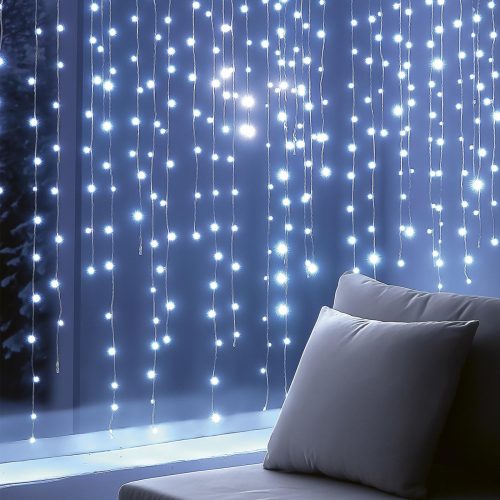 HOME KIN168DWH DOT LED-es fényfüggöny, 168 db hidegfehér DOT LED, állófényű, átlátszó vezeték, 12x14 LED, beltéri adapteres kivitel